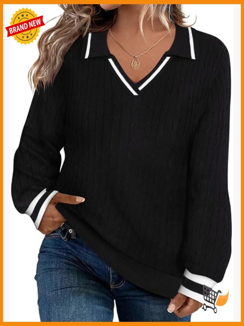 Plus Size Long Sleeve V-Neck Pullover Sweater Lapel Collar Knit Jumper Top Fall